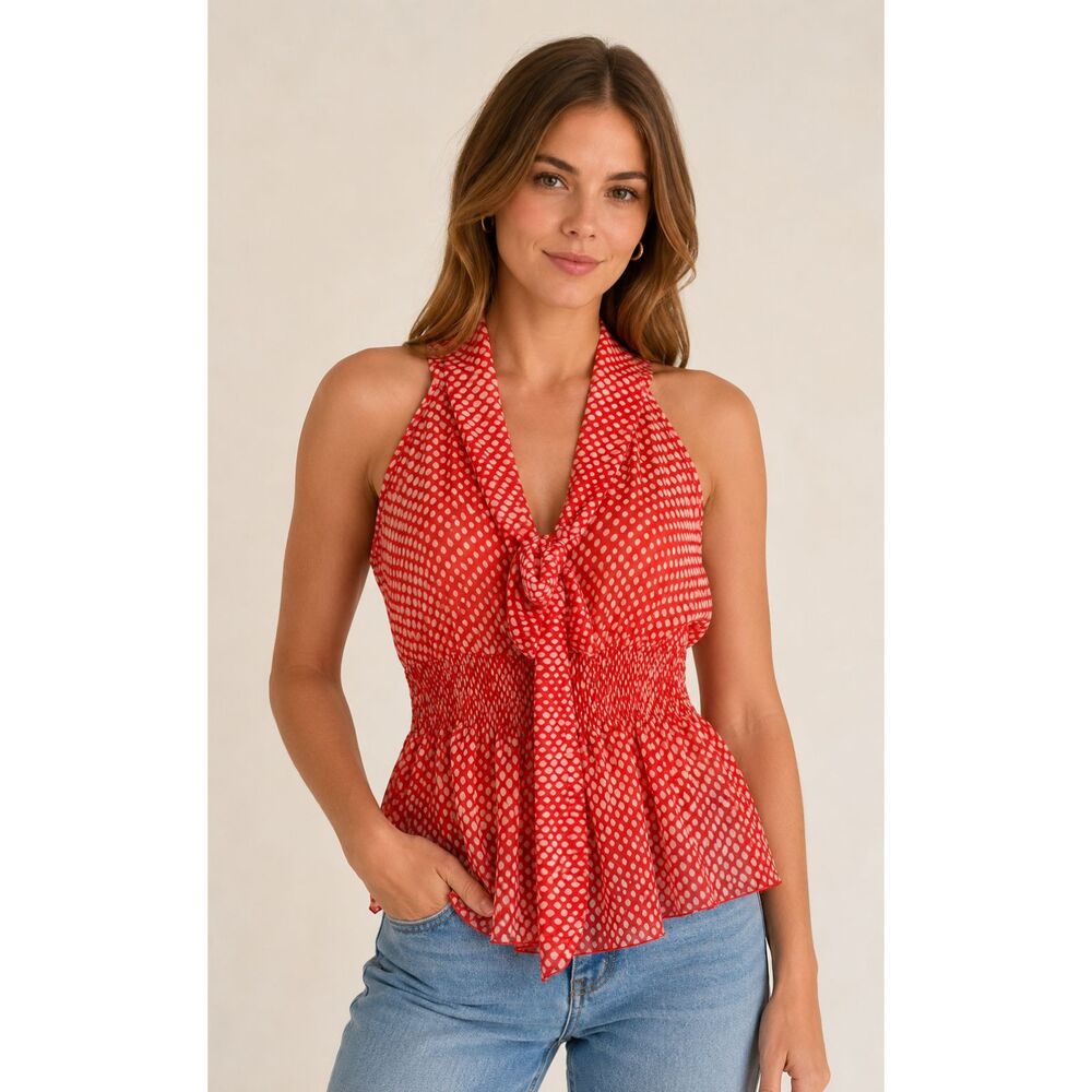 Maude Women Size Medium Red White‎ Sheer Polka Dot Peplum Blouse Top Halter